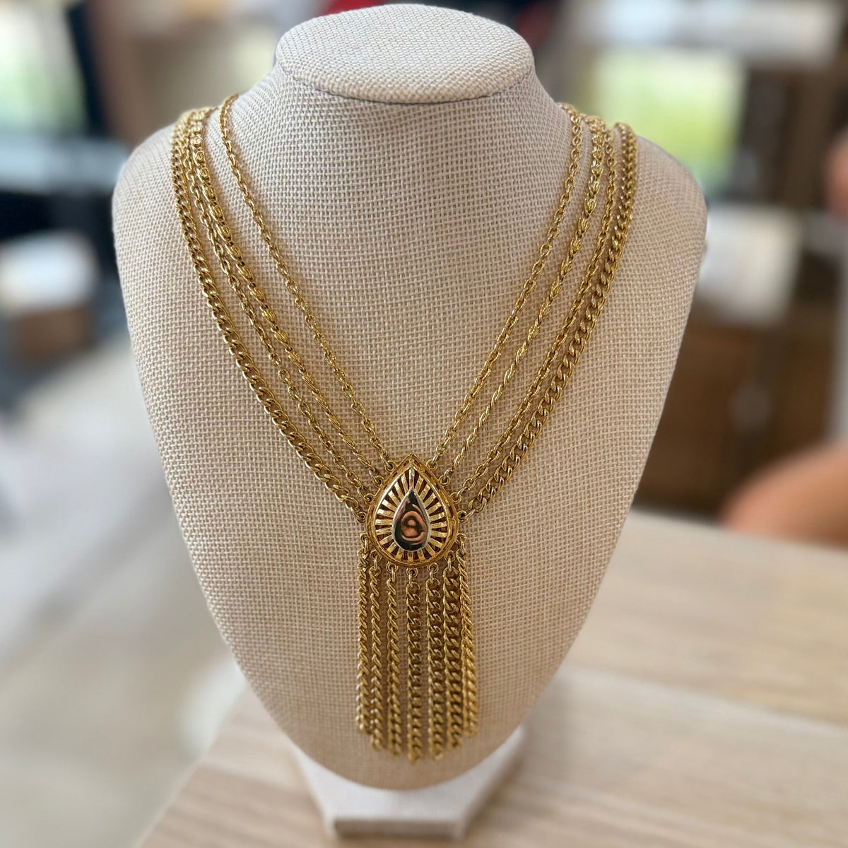 Multi Chain Gold And Pearl Tassel Vintage Necklace