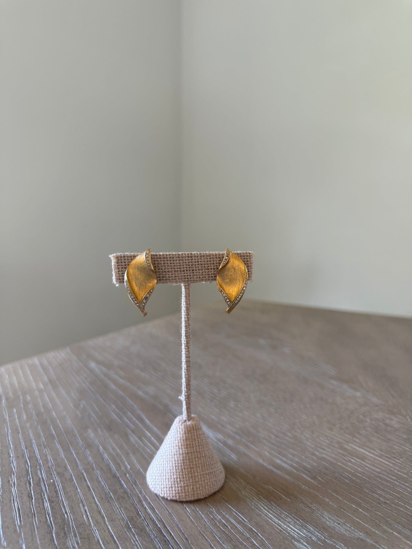 Brushed Gold and Crystal Leaf Shaped Earrings