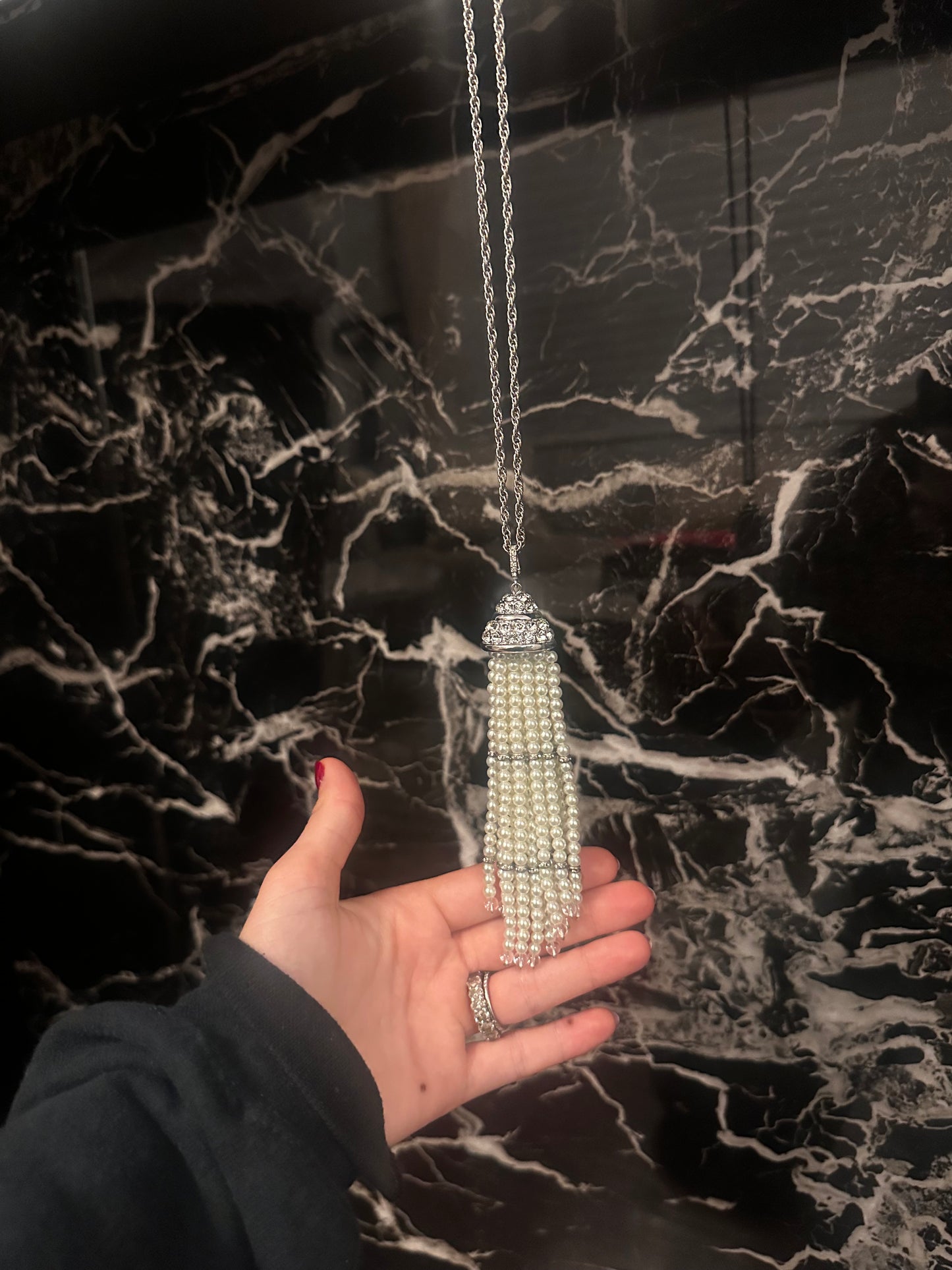 Vintage Rhinestone Pearl Tassel Pendant Necklace
