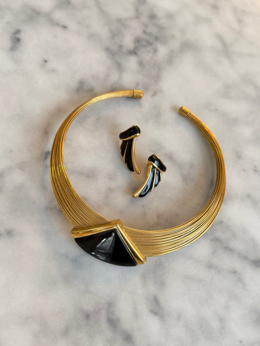 Vintage Gold and Black Wire Choker and Matching Earring