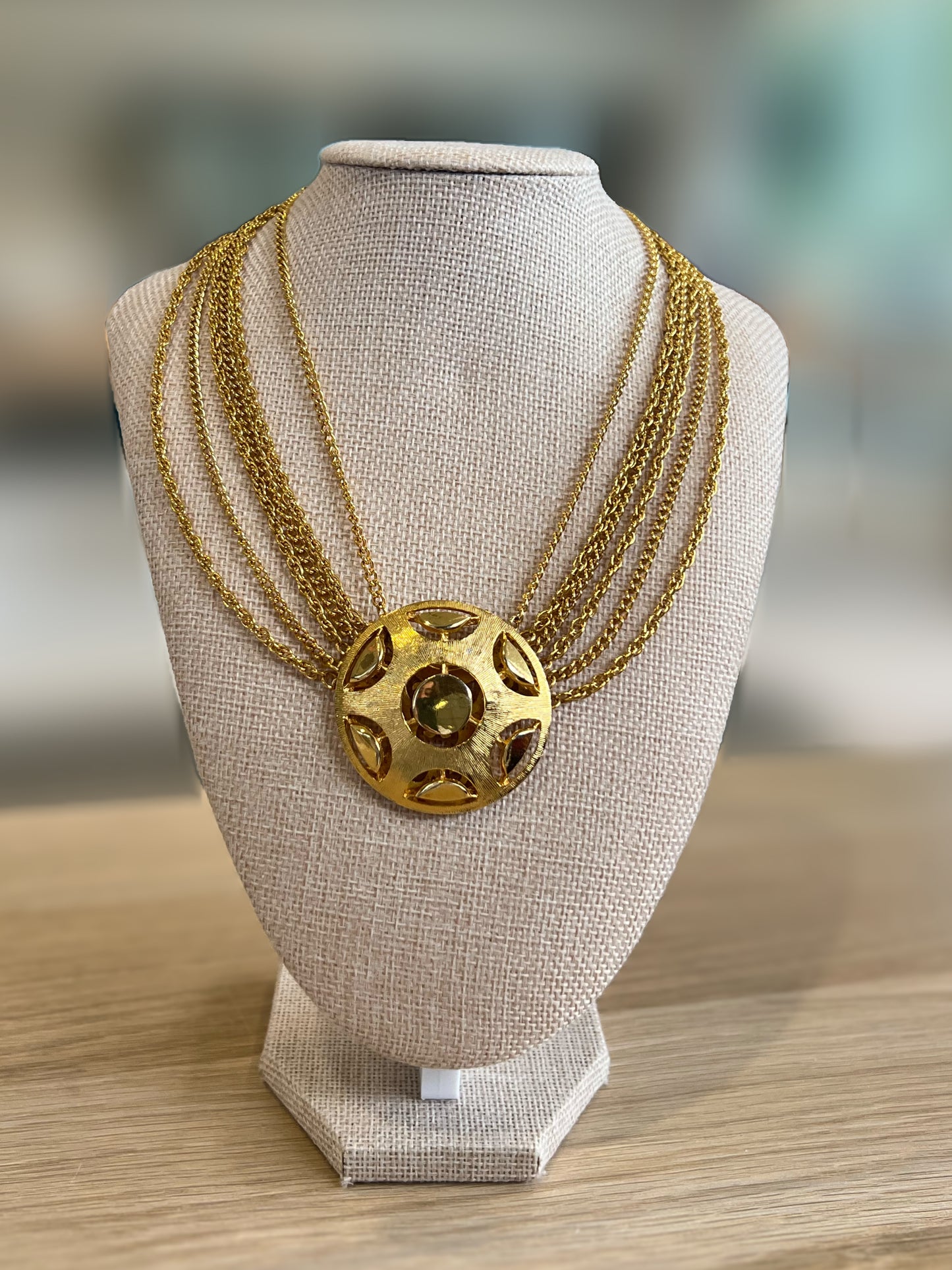 Vintage Multi Chain Gold Necklace With Round Pendant