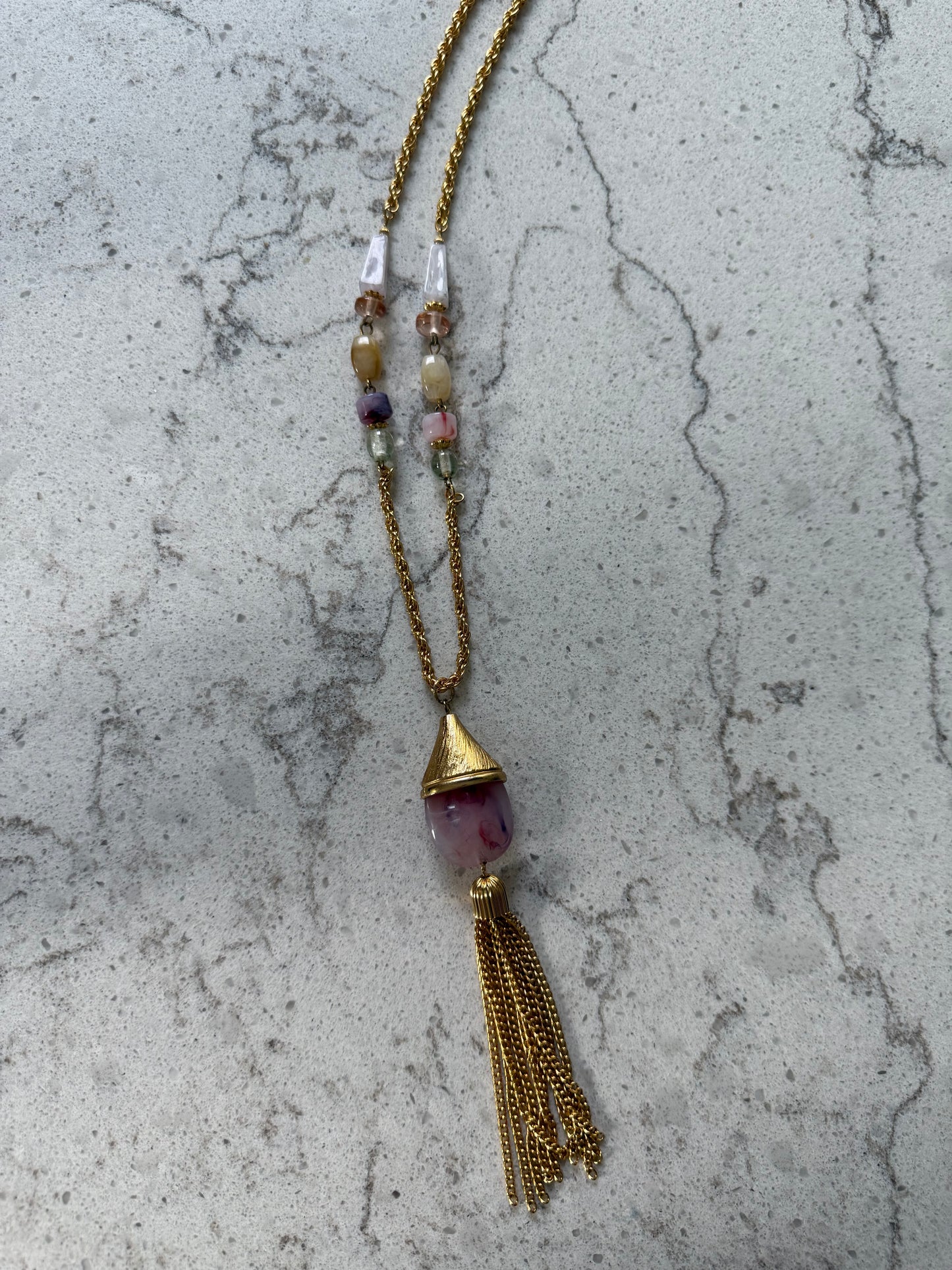 Vintage Tassel Necklace With Lucite Beads