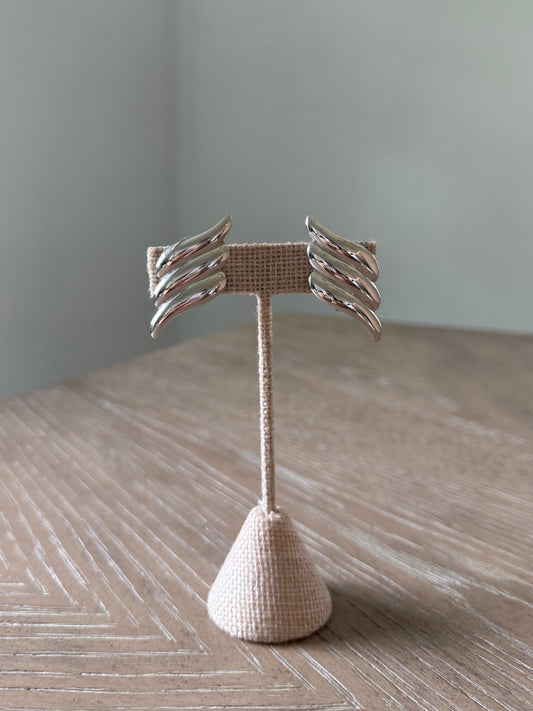 Three Lined Silver Wings Earrings