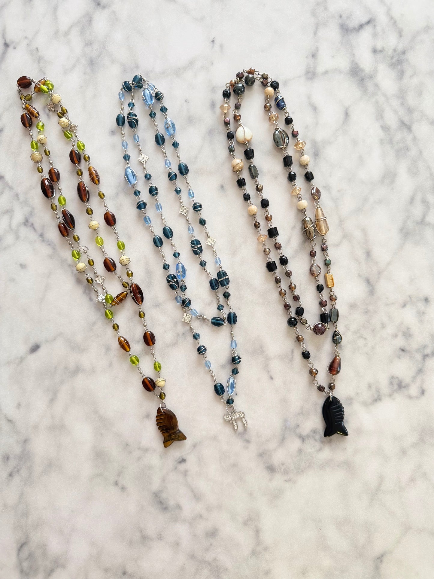 Brown and Green Beaded Fish Necklace