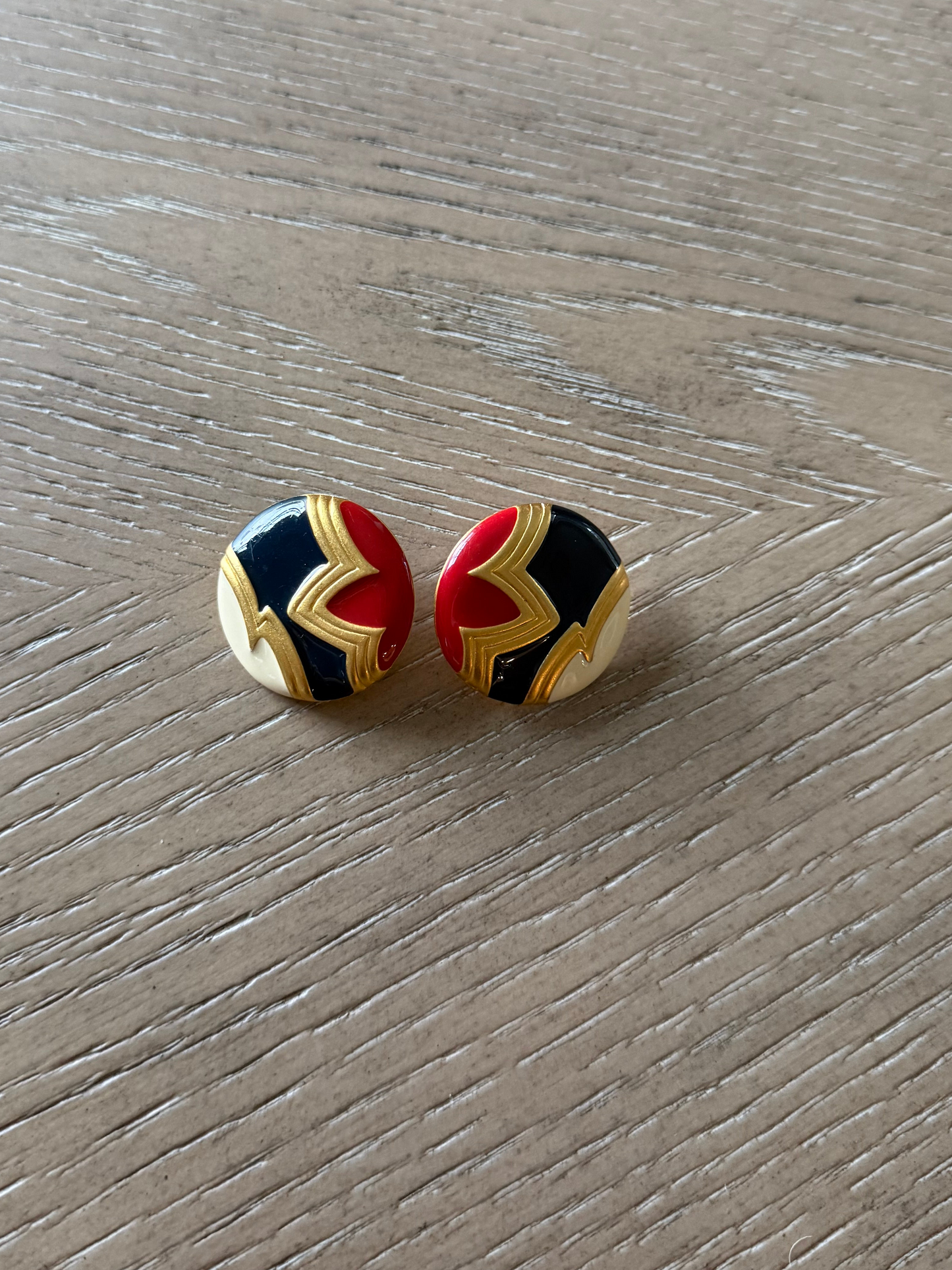 Vintage Clip On Earrings Chunky Brushed Gold Red White Blue