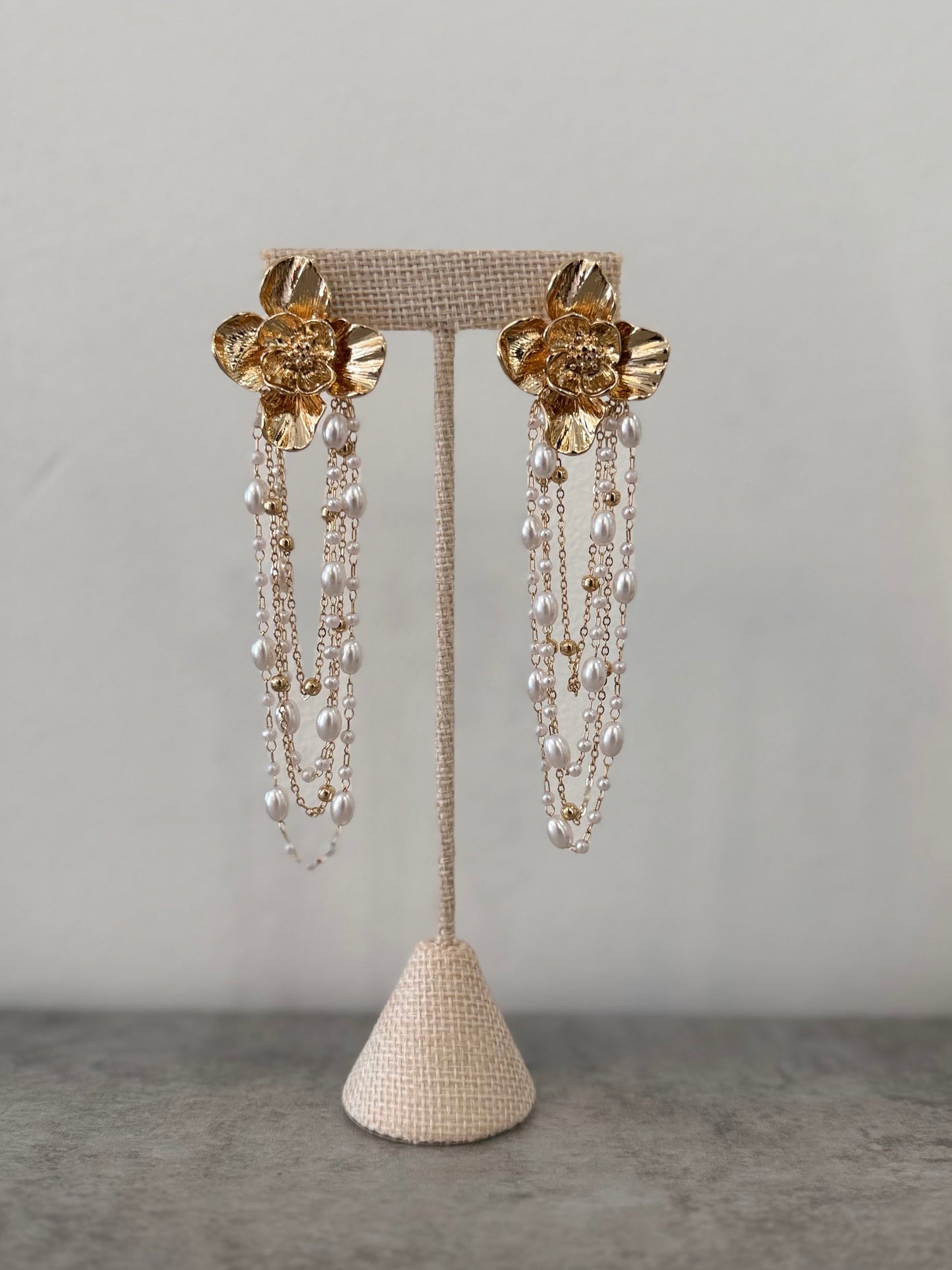 Gold Floral And Pearl Hanging Earrings