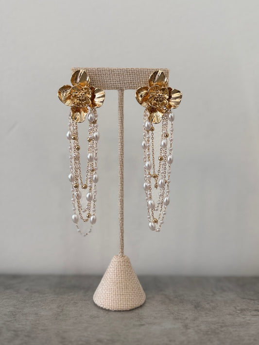 Gold Floral And Pearl Hanging Earrings