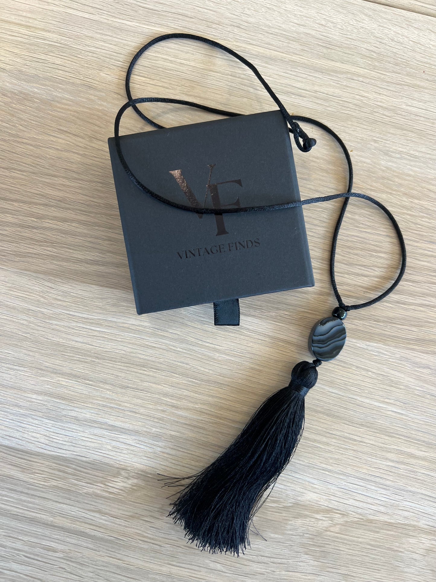 Black Gemstone Tassel Necklace