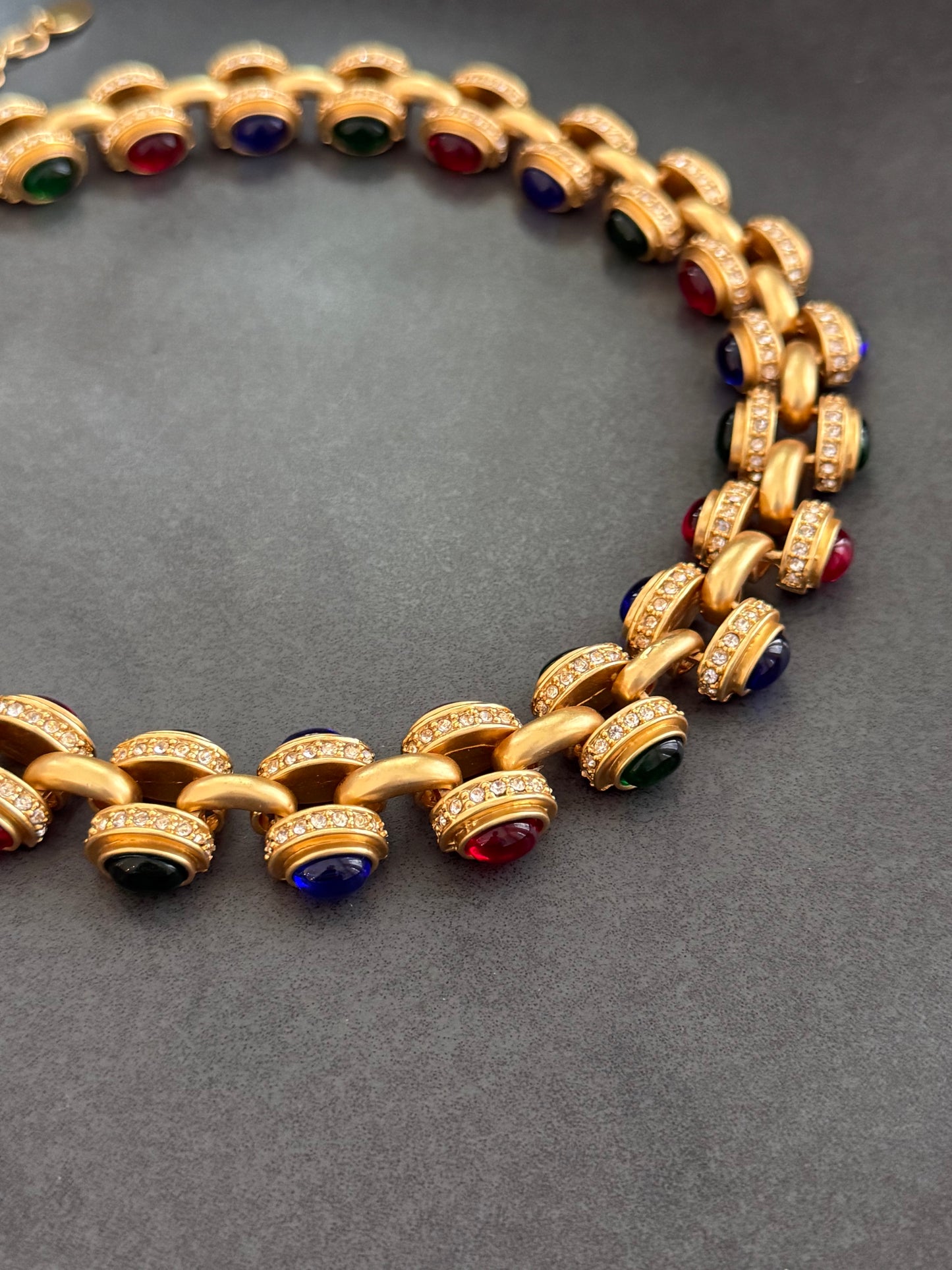 Green, Blue & Red Glass Cabochons, Rhinestones & Gold Plated Signed Necklace