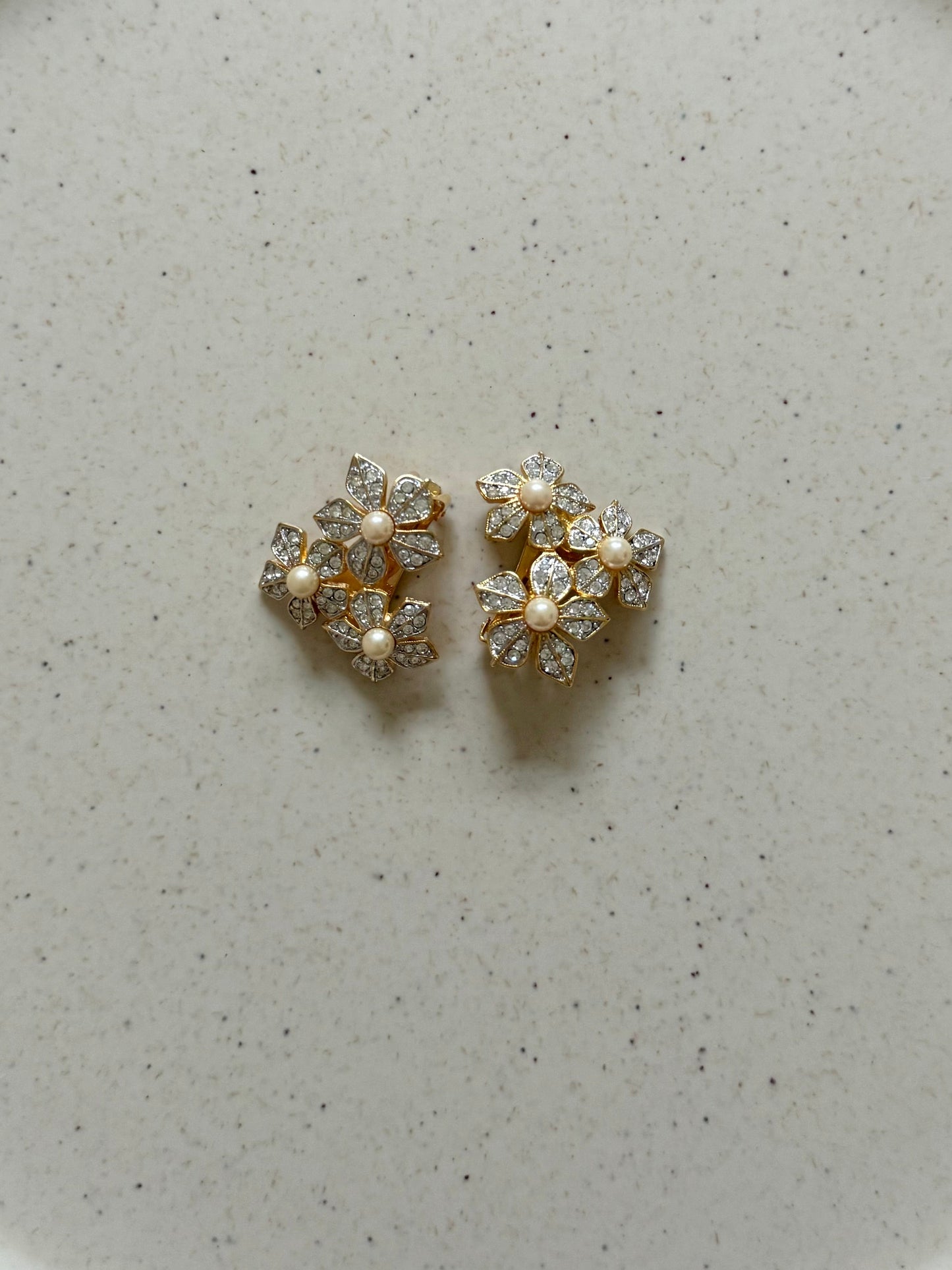 Vintage KJL Crystal And Pearl Flower Earrings