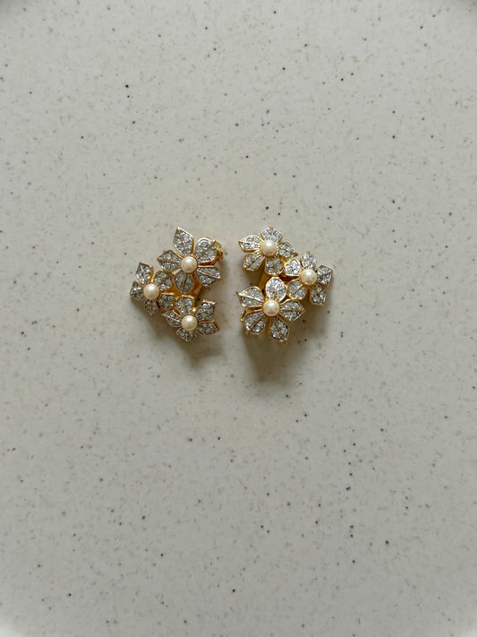 Vintage KJL Crystal And Pearl Flower Earrings