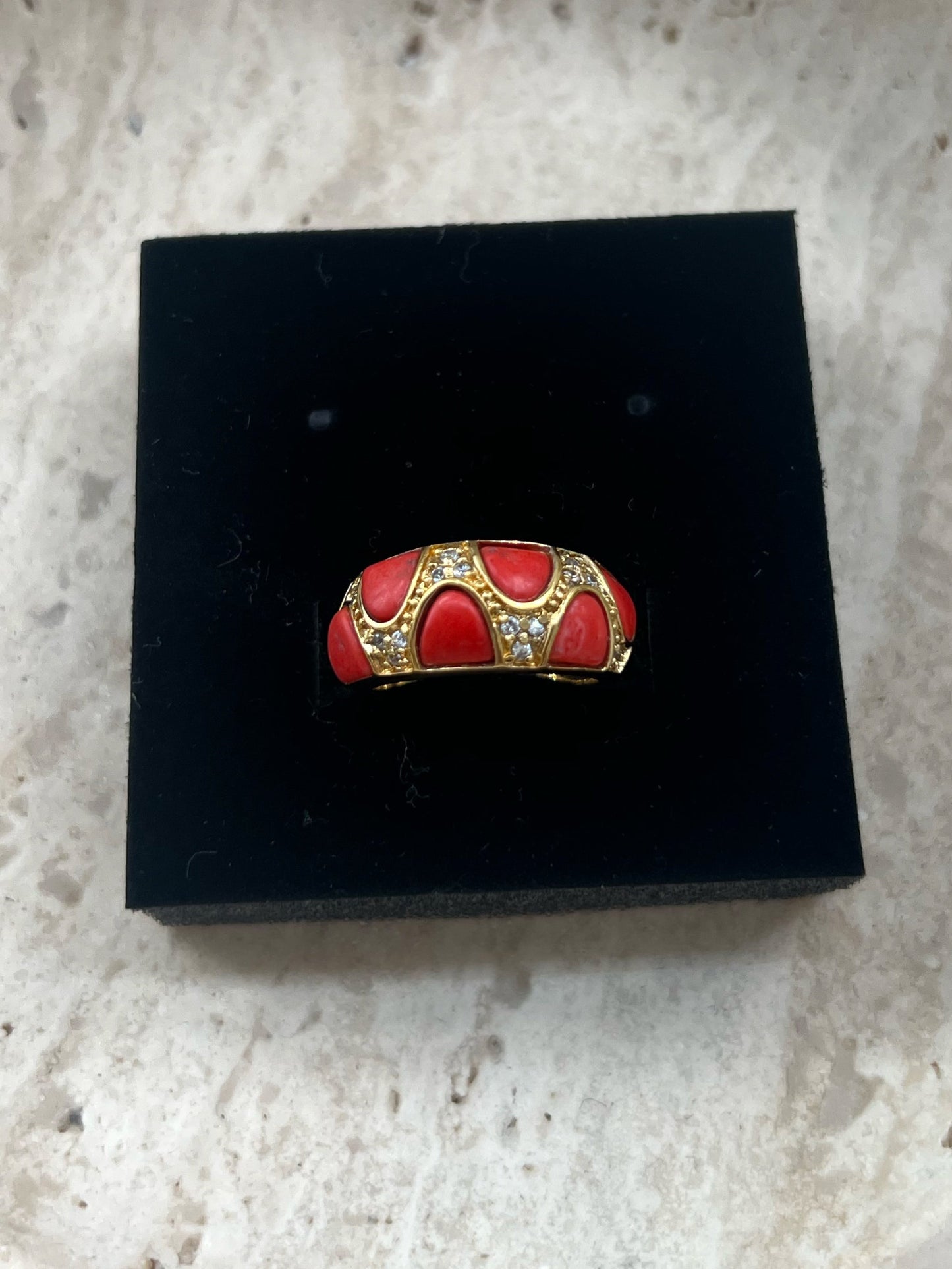 Red And Crystal Gold Tone Ring