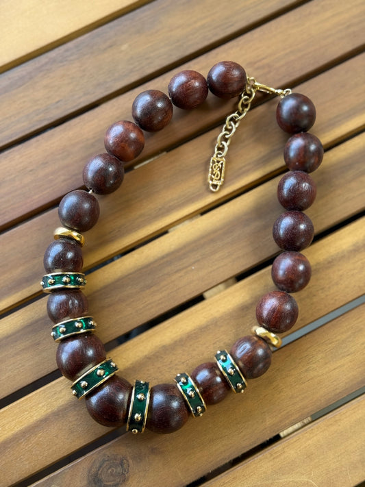 Vintage YSL Wood Bead & Green Enamel Necklace