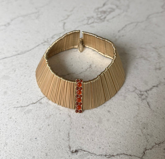 Gold Collar Necklace With Orange  And Red Colored Stone