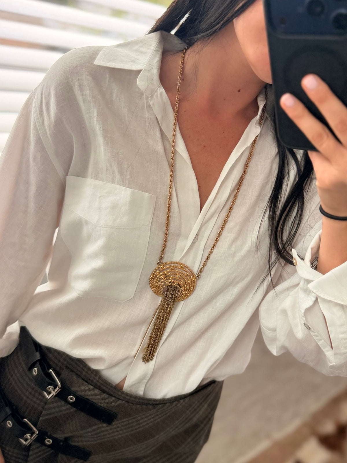 Gold Round Pendant Tassel Necklace