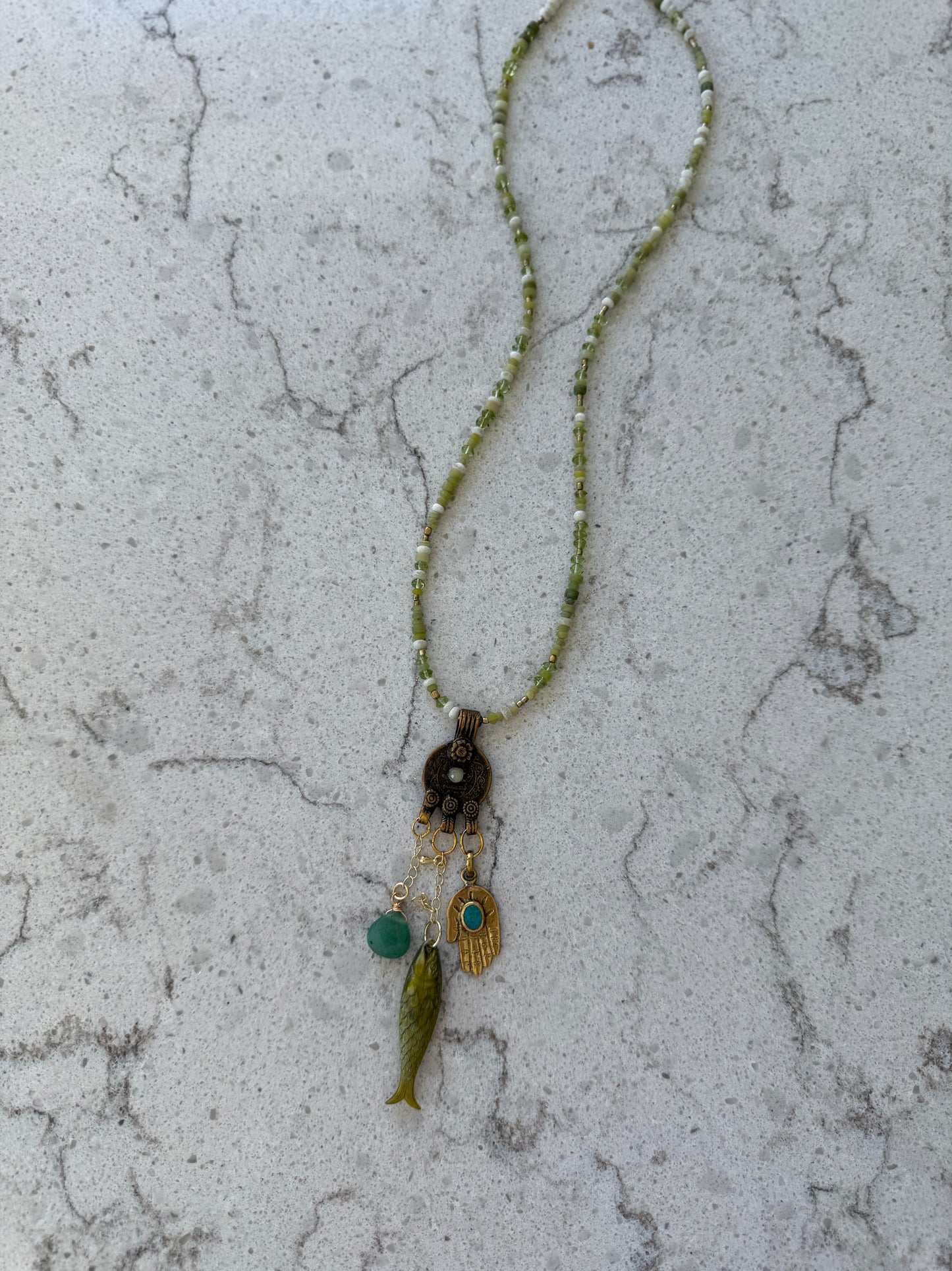 Green Beaded Multi Charm Fish Necklace