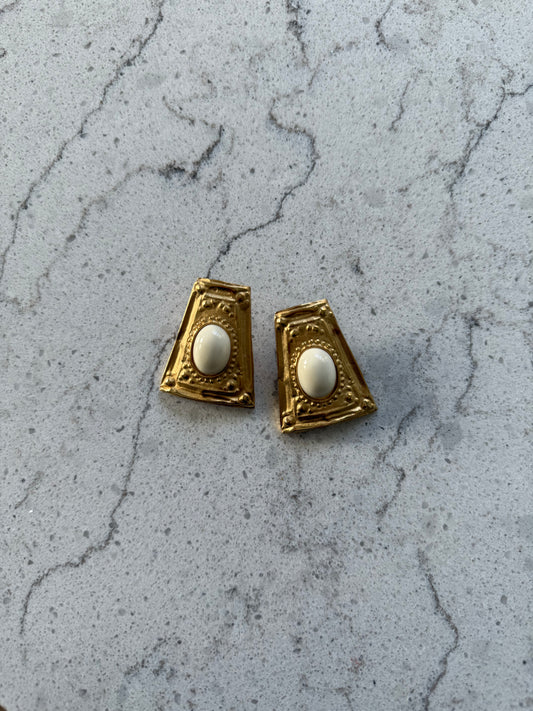GIVENCHY Etruscan Earrings - Brushed Gold-Tone Off White Cabochon Pierced