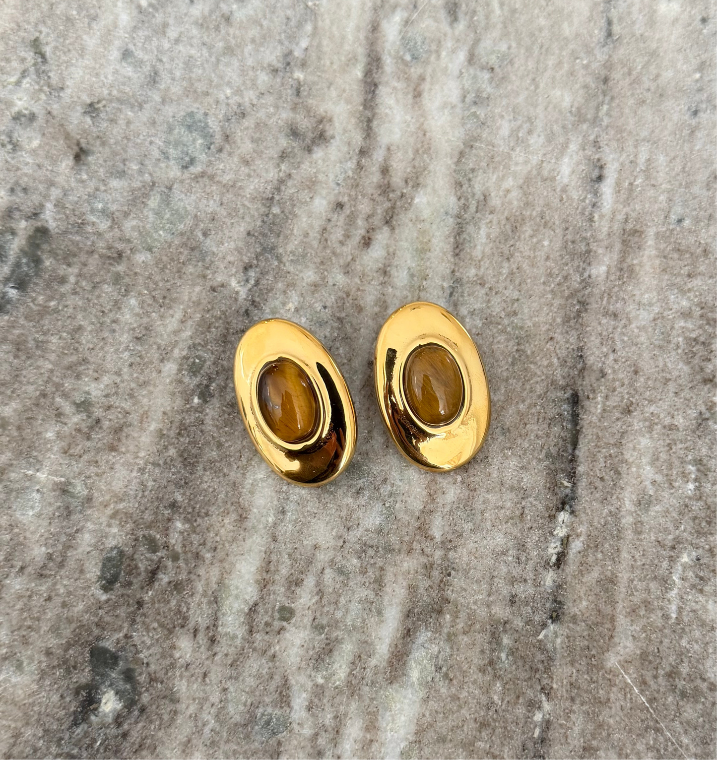 Oval Gold and Tigers Eye Earring