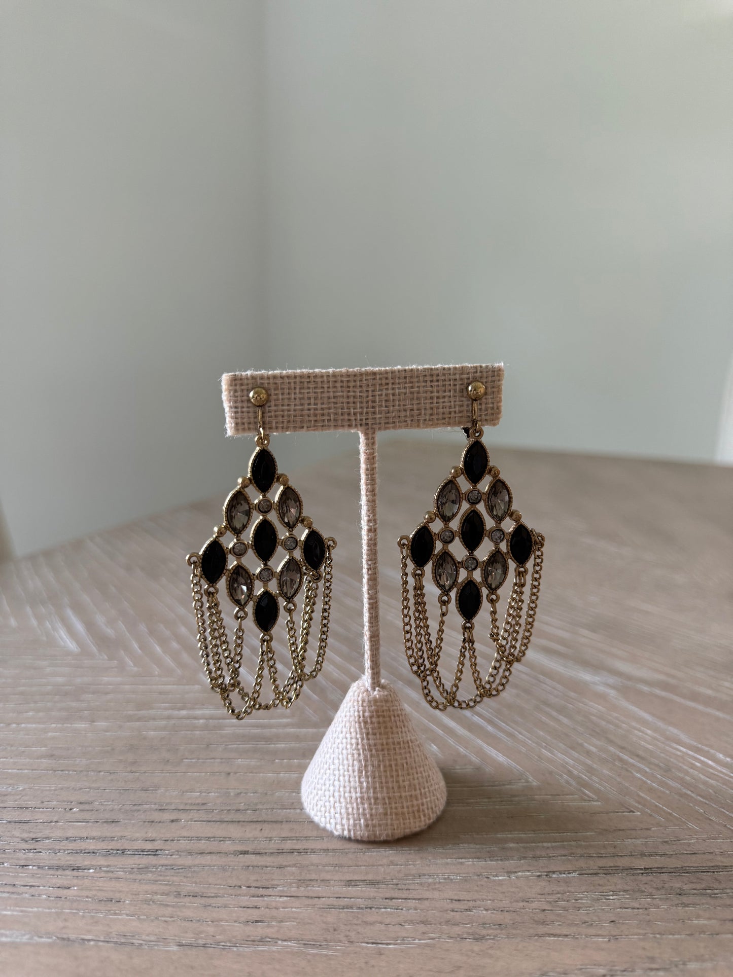 Vintage Long Black And Clear Rhinestone Earrings