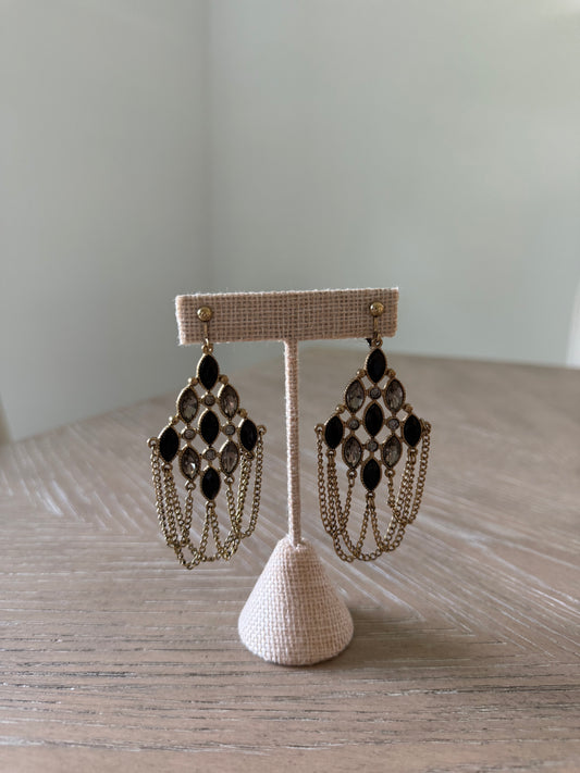 Vintage Long Black And Clear Rhinestone Earrings