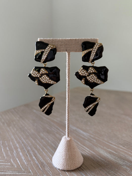 Three Tier Black And Diamond Hanging Earrings