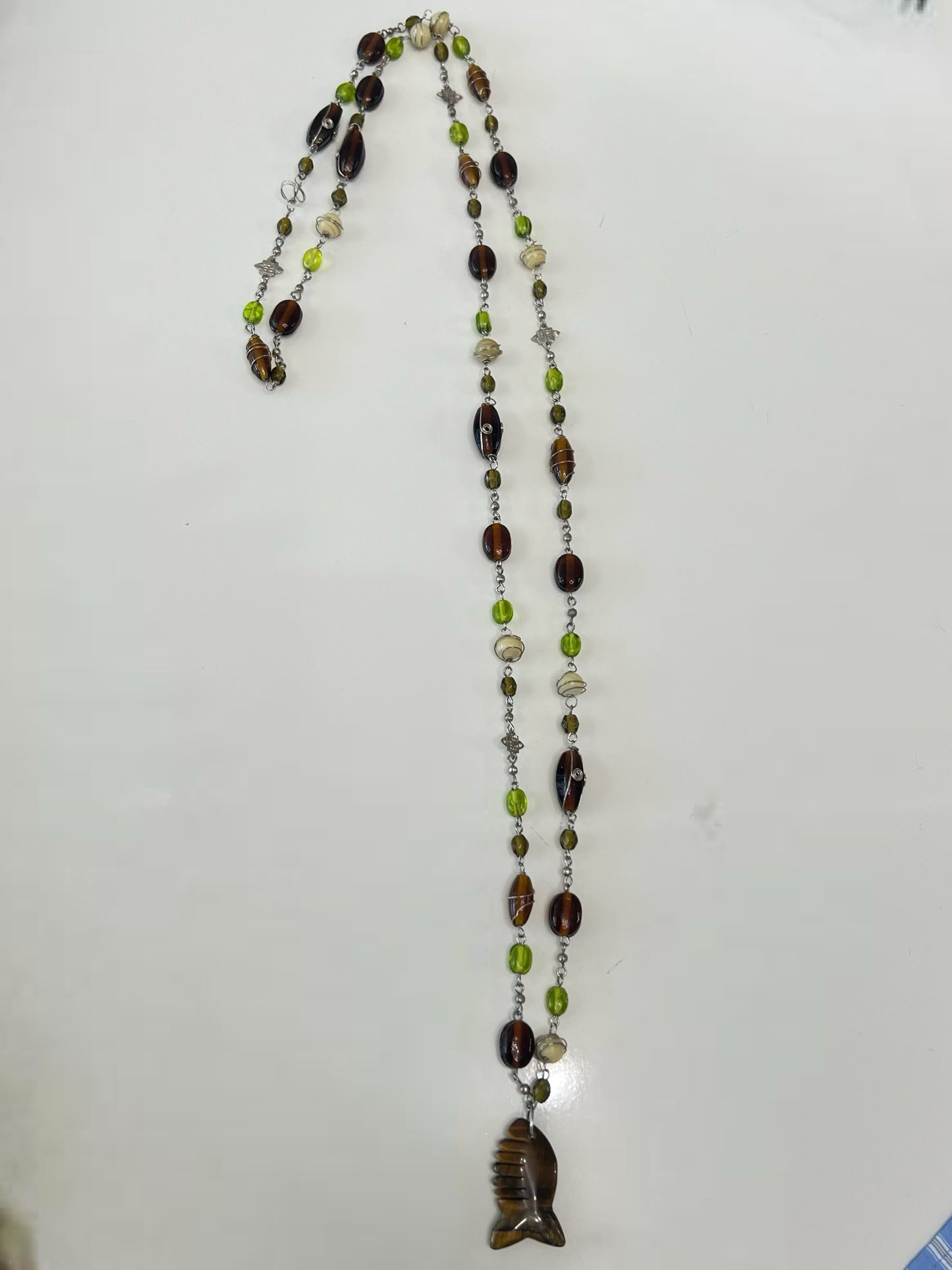 Brown and Green Beaded Fish Necklace