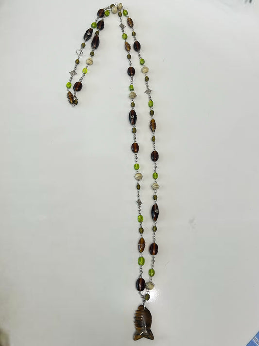 Brown and Green Beaded Fish Necklace