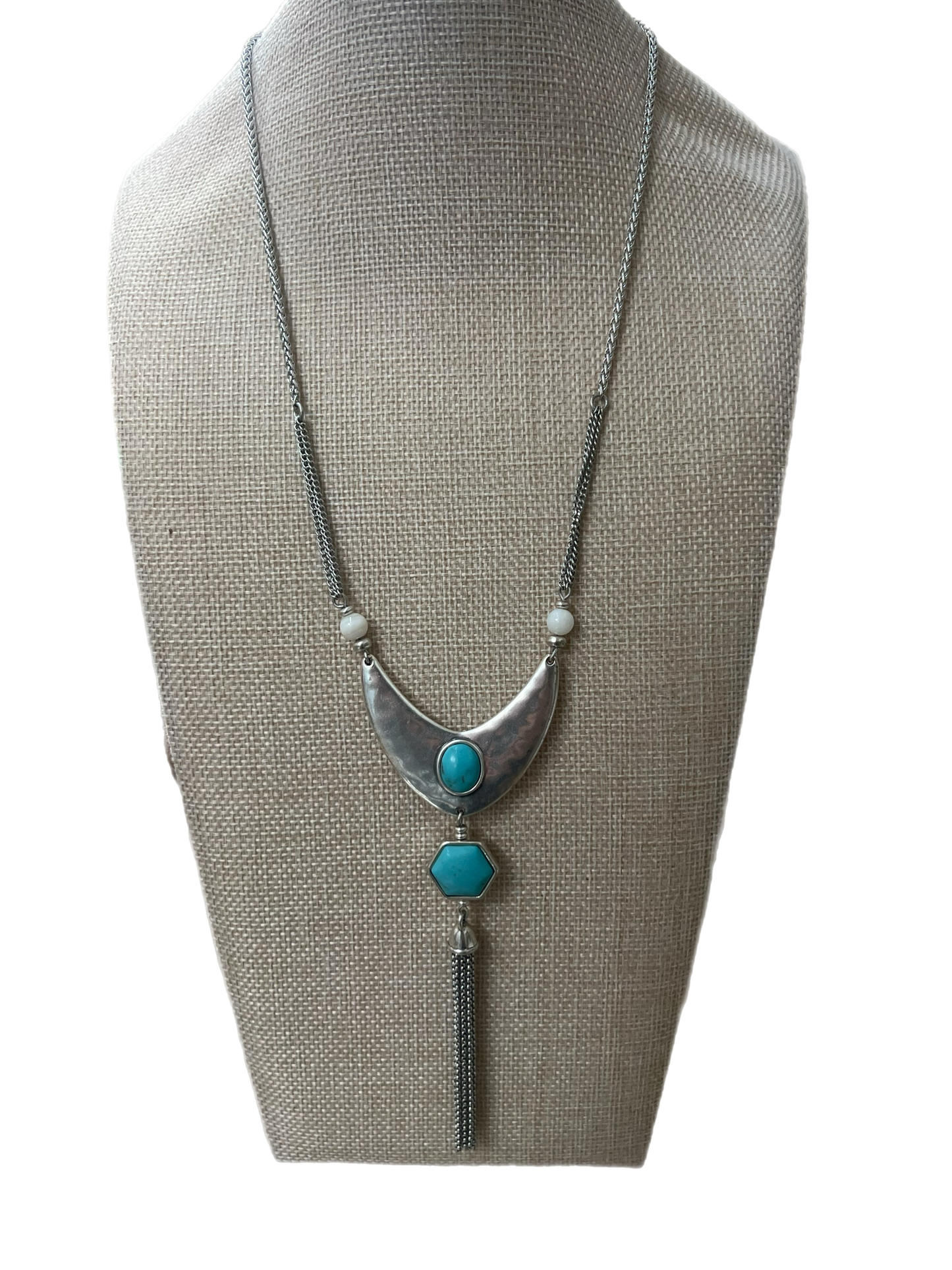 Turquoise And White Reversible Pendant Tassel Necklace
