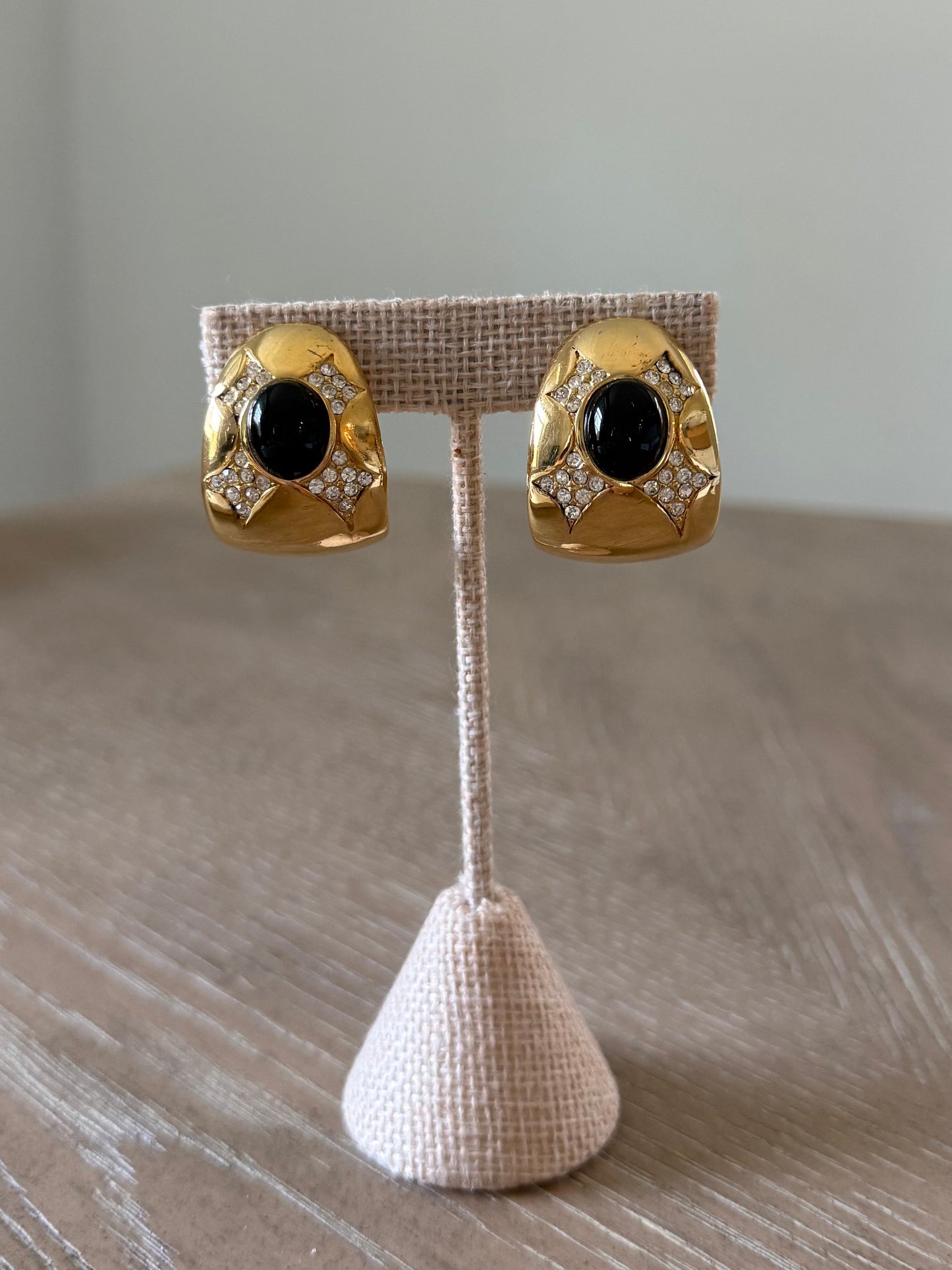 Vintage Ciner Black and Crystal Clip on Earrings