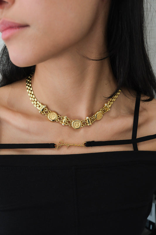 Coin and Pearl Gold Necklace