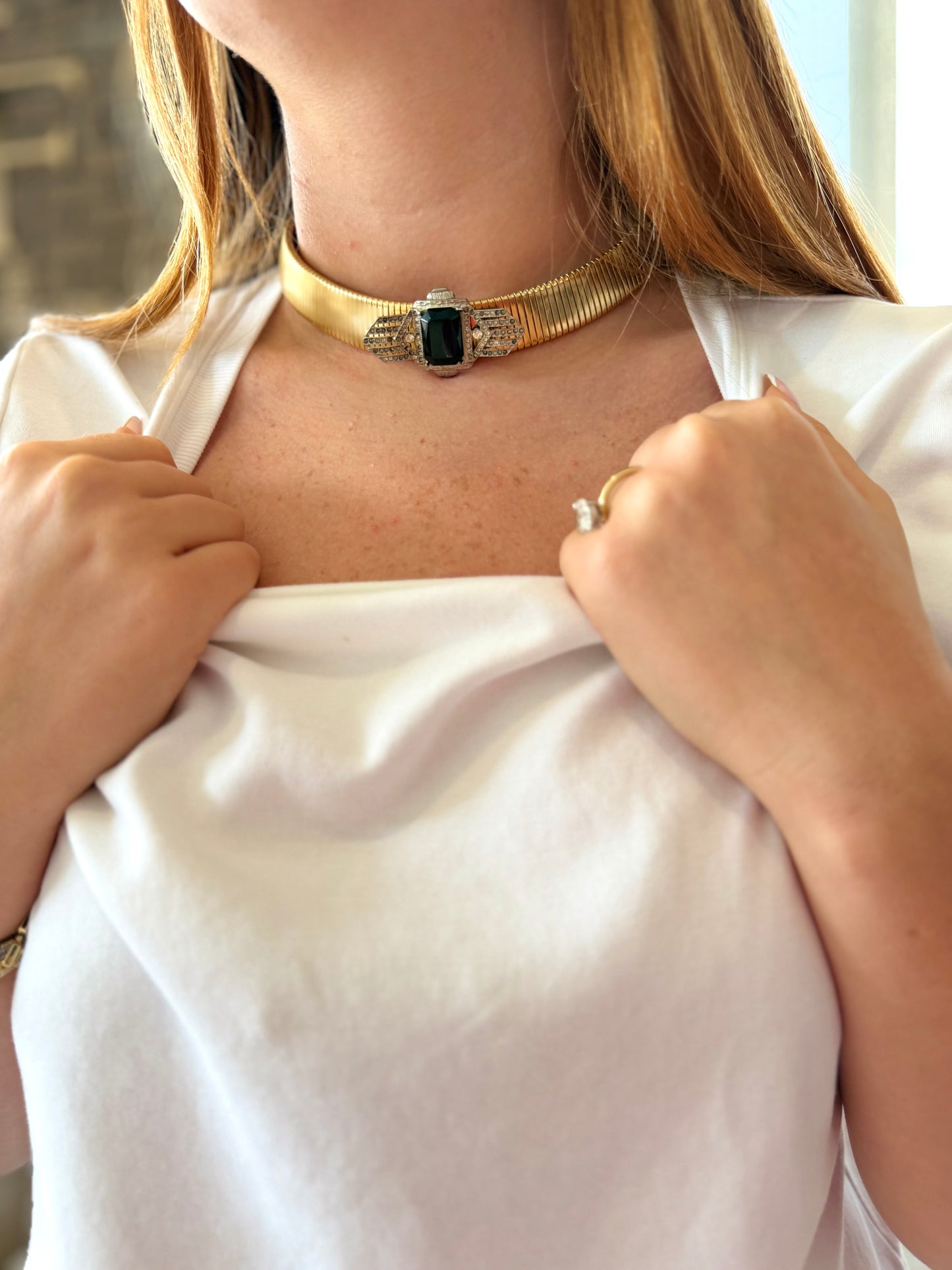 Gold Omega Collar Necklace With Black & Crystal
