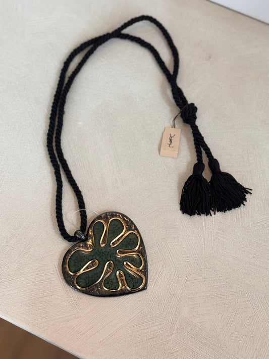 YSL Vintage Green Heart With Tassel Cord Necklace