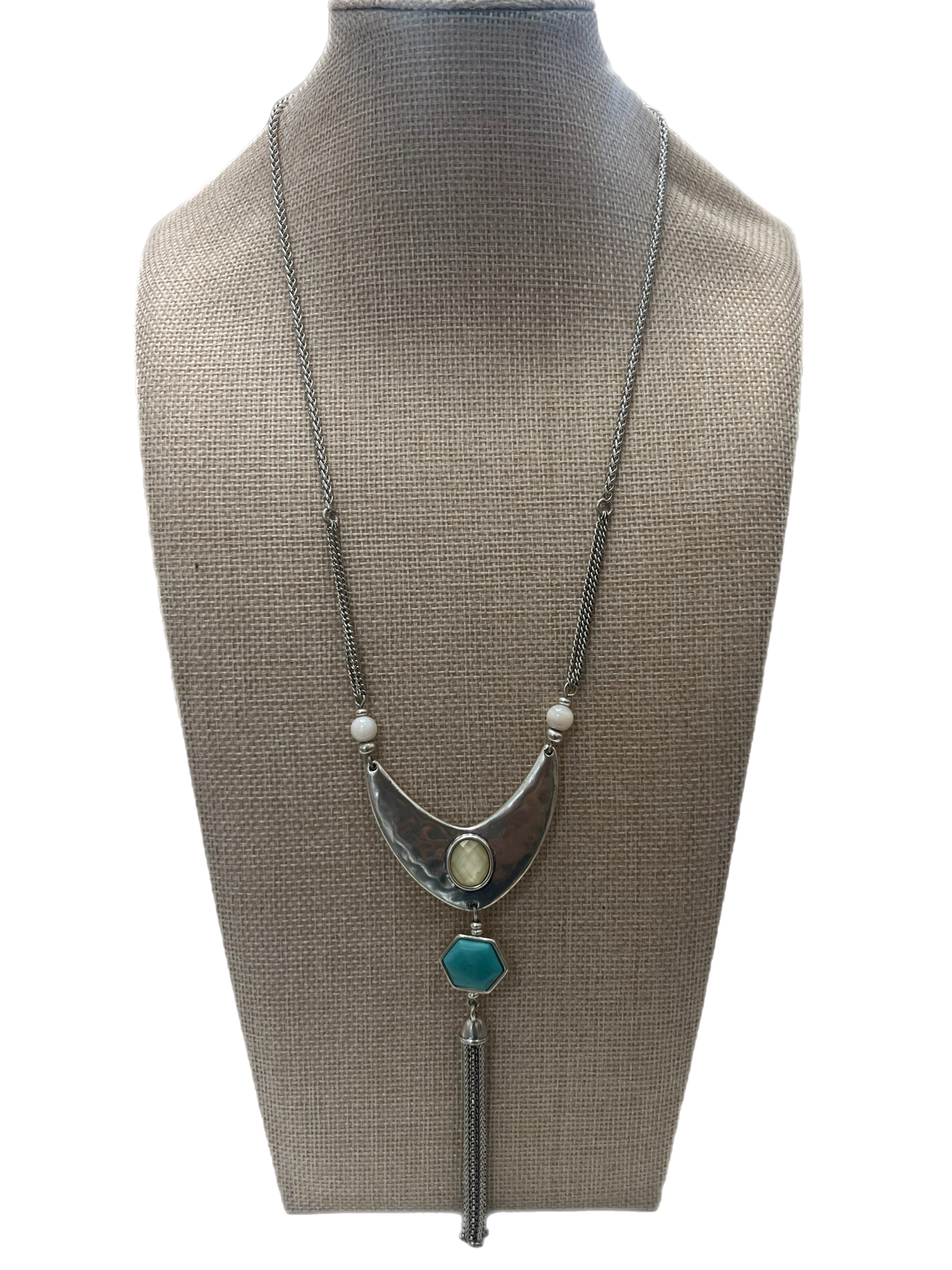 Turquoise And White Reversible Pendant Tassel Necklace
