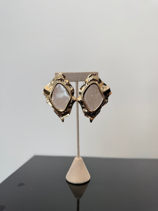 Gold Hammered and White Enamel Oversized Earrings