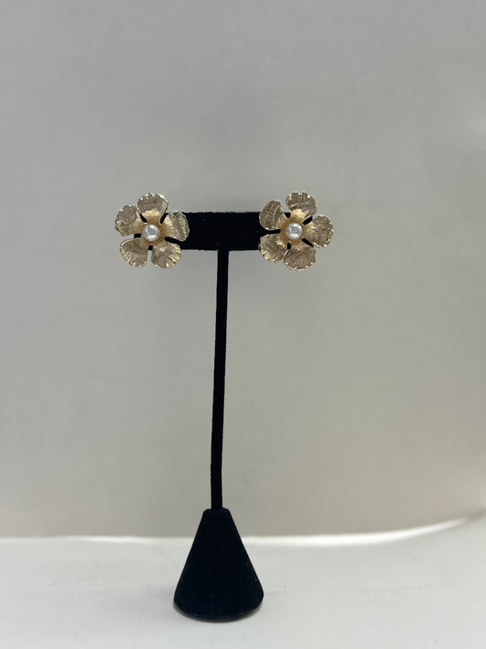 Gold And Pearl Flower Earrings