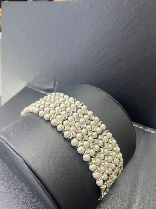 Vintage Pearl & Rhinestone Wide Statement Bracelet