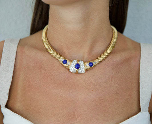 Lapis And Crystal Collar Necklace