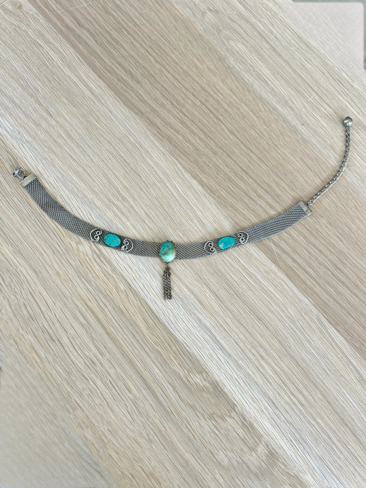 Silver And Turquoise Mesh Tassel Choker