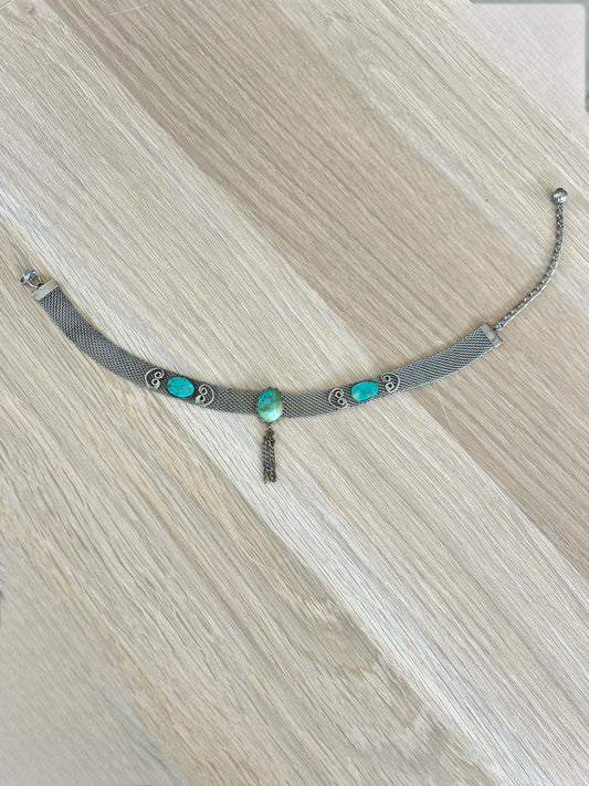 Silver And Turquoise Mesh Tassel Choker