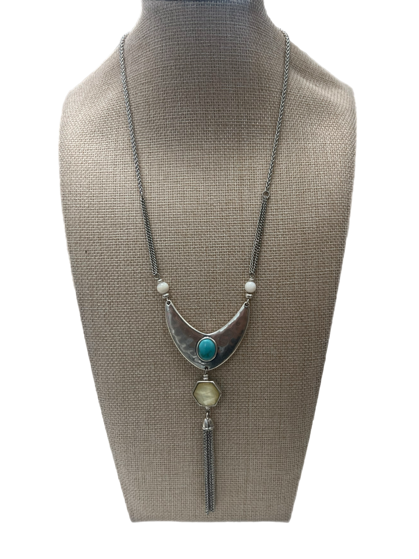 Turquoise And White Reversible Pendant Tassel Necklace
