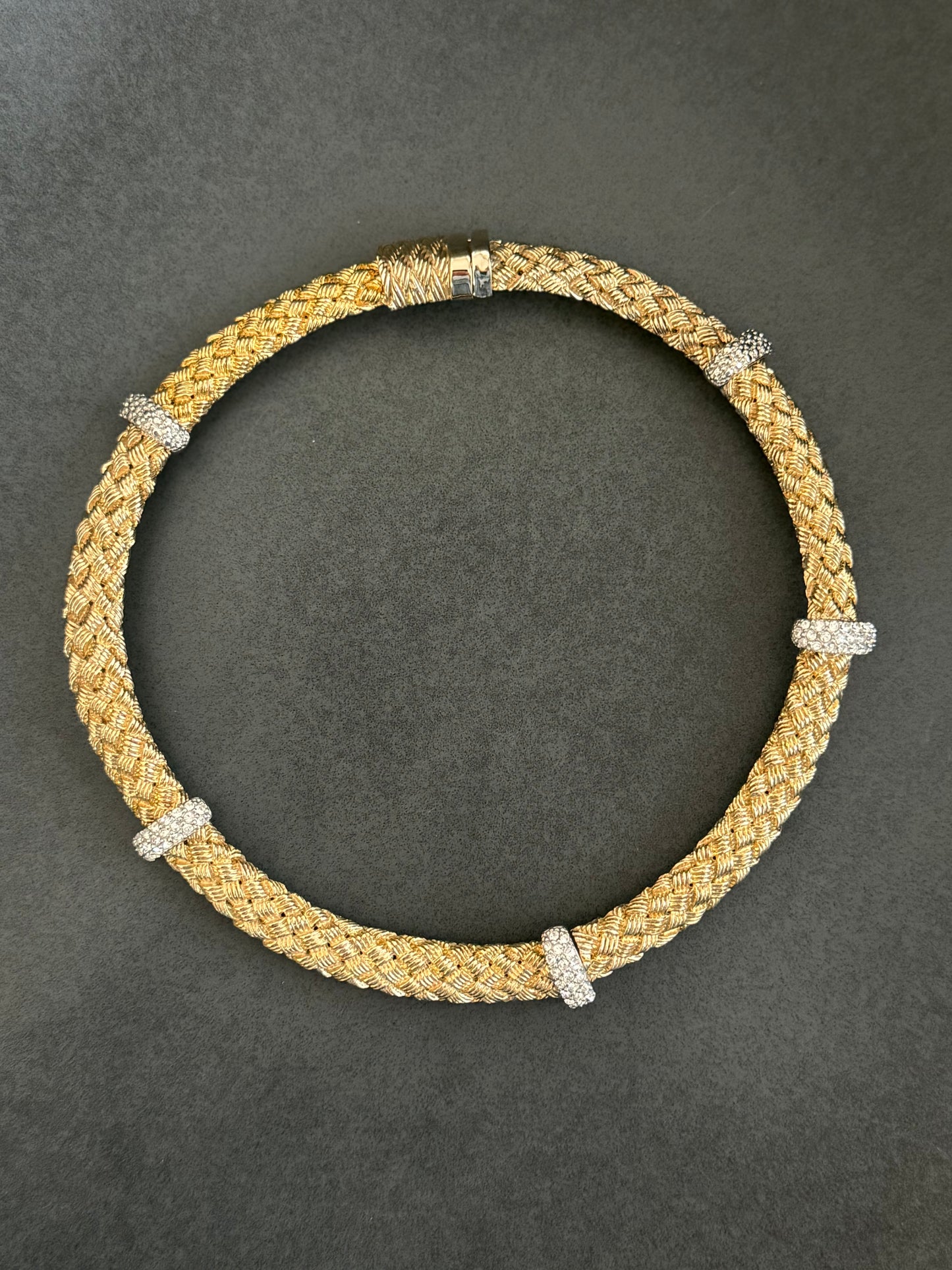 Vintage Collar Choker Necklace Crystal Weaved Brushed Gold Chunky 1980s