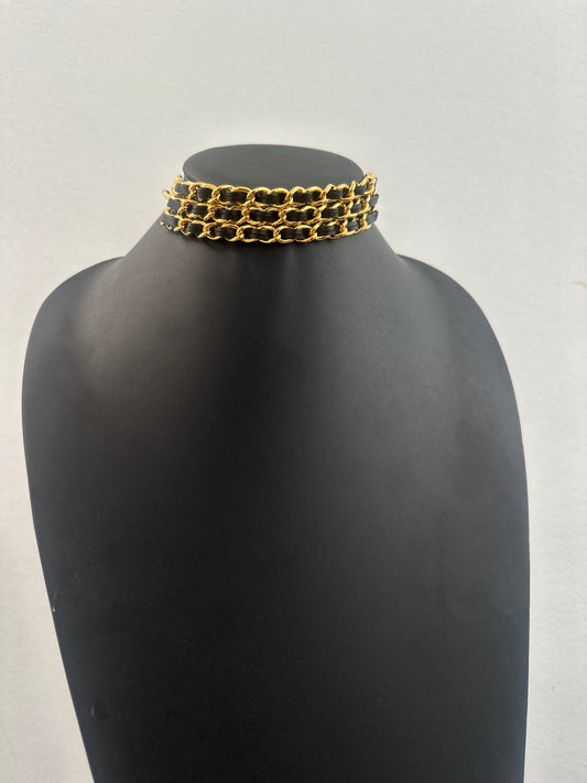 Black Leather and Gold Chain Choker Necklace