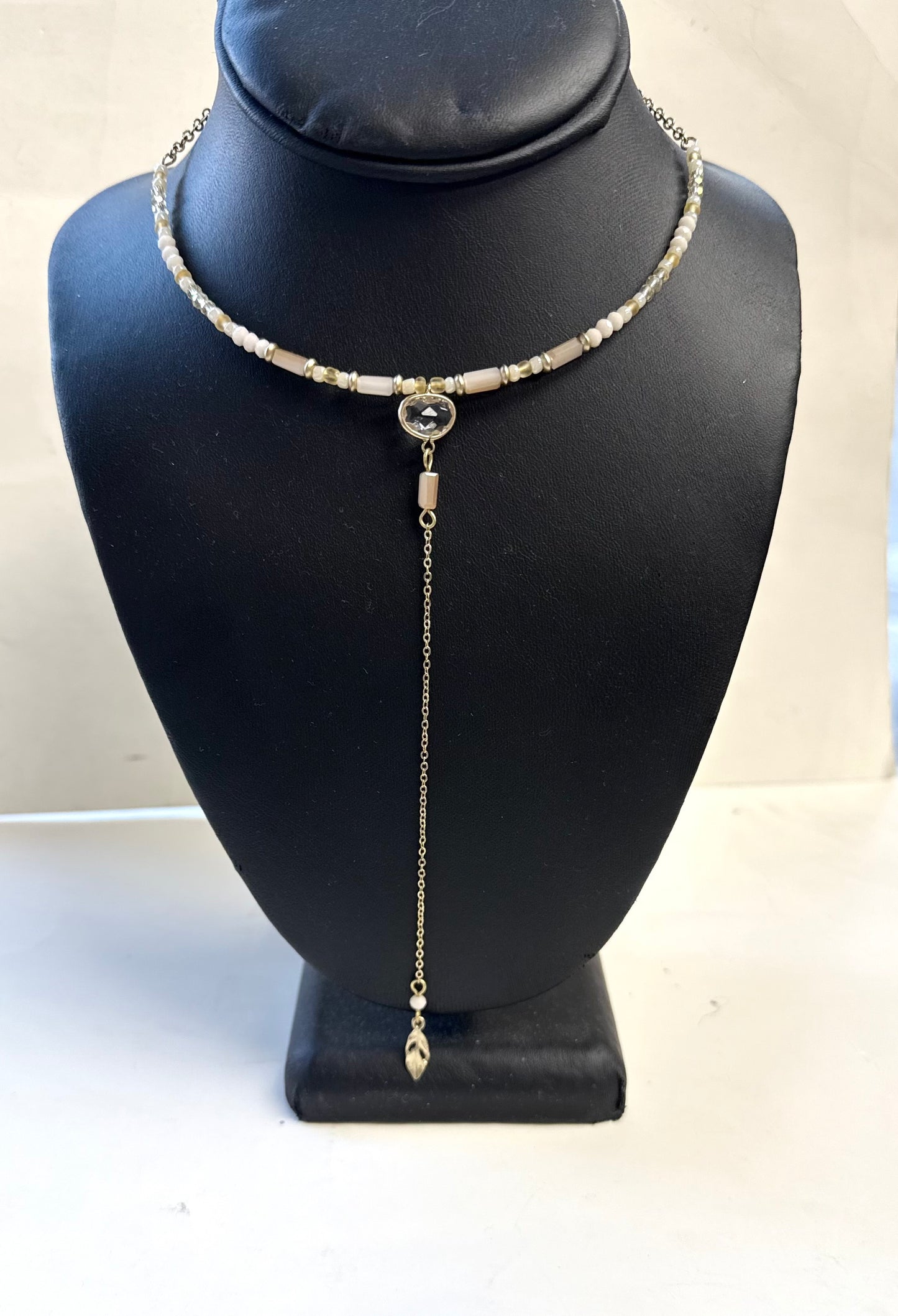 Beaded Gold Leaf Lariat Necklace