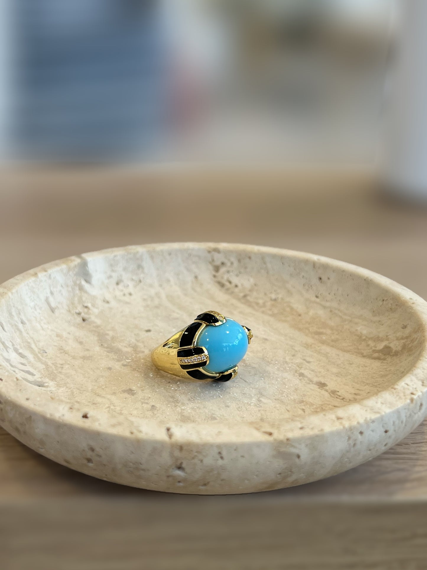 Turquoise Black And Crystal Ring