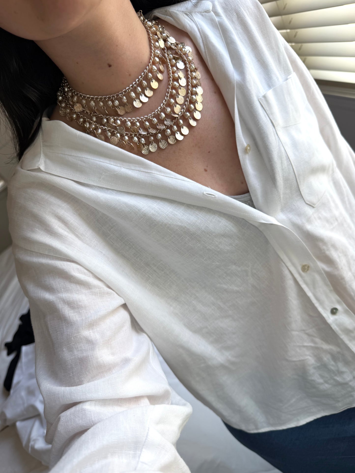 Vintage  Gold Coin Beaded Pearl Collar Choker Necklace