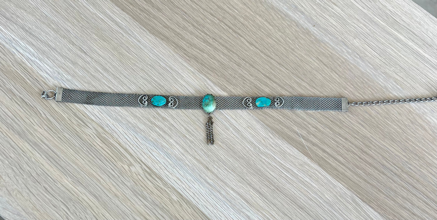 Silver And Turquoise Mesh Tassel Choker