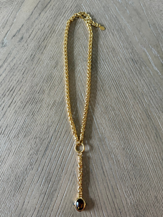 Vintage Joan Rives Gold Rope Chain Brown Stone Pendant Necklace