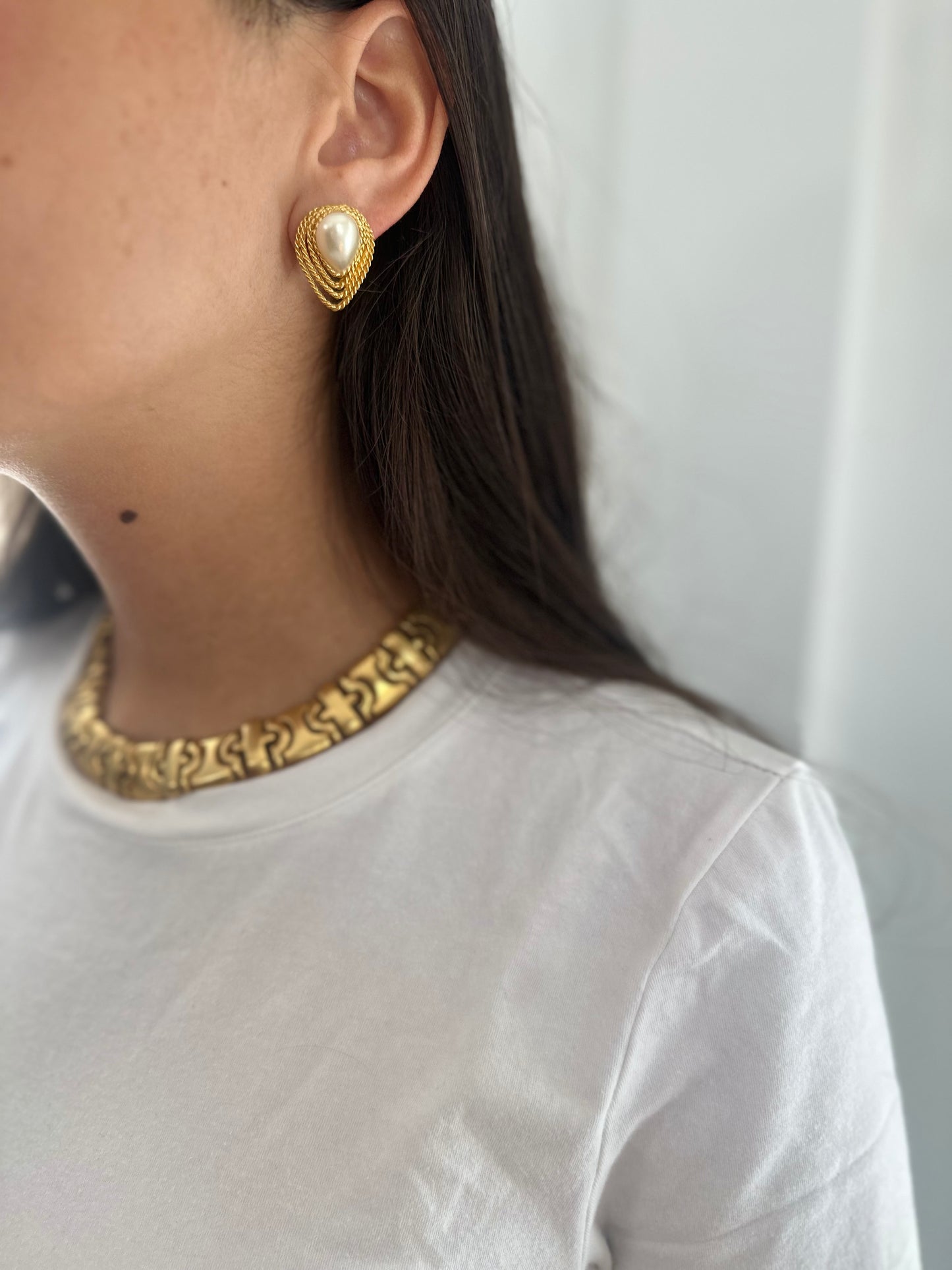 Clip On Gold Twisted Pearl Earrings