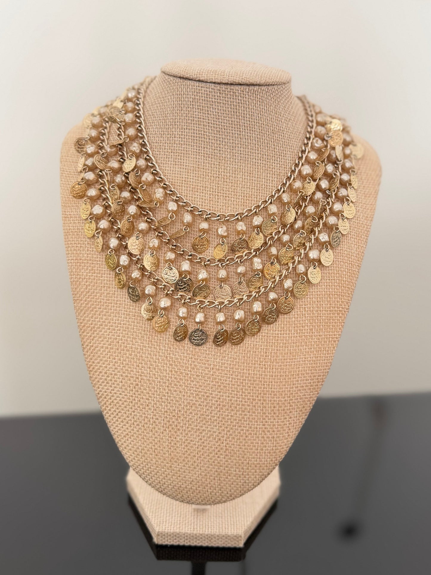 Vintage  Gold Coin Beaded Pearl Collar Choker Necklace