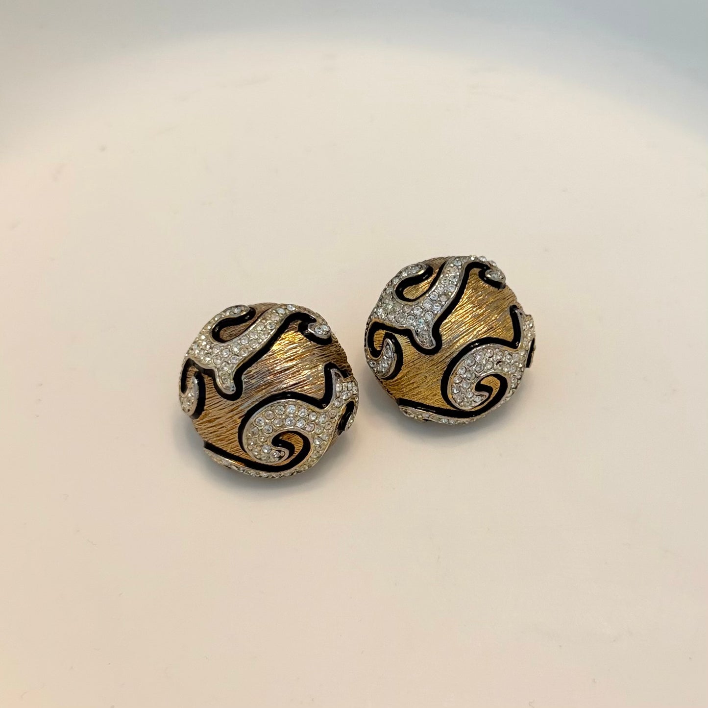 Vintage Round Gold Black and Rhinestone Chunky Earring Clip on